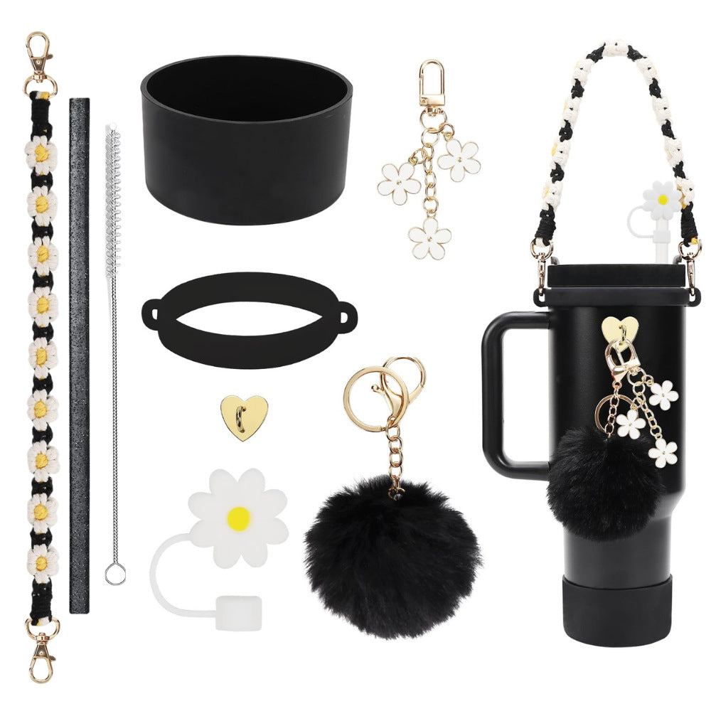 Wholesale Colorful straw accessories handmade cup chain plush love flower set